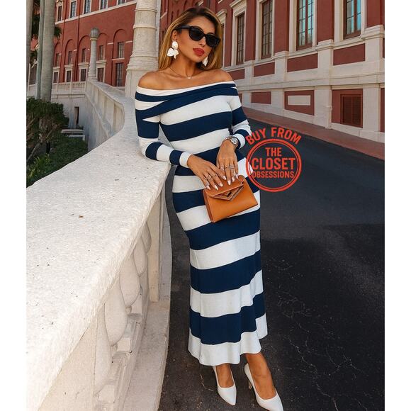 ZARA Striped Knit Off Shoulder Midi Dress NWT Size M - Picture 3 of 16